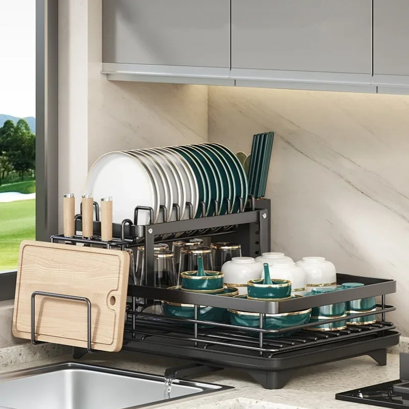 Double-Layer Adjustable Bowl Rack Dish Drainer Kitchen Utensil Organizer Space-Saving Utensil Holder for Plates And Bowls