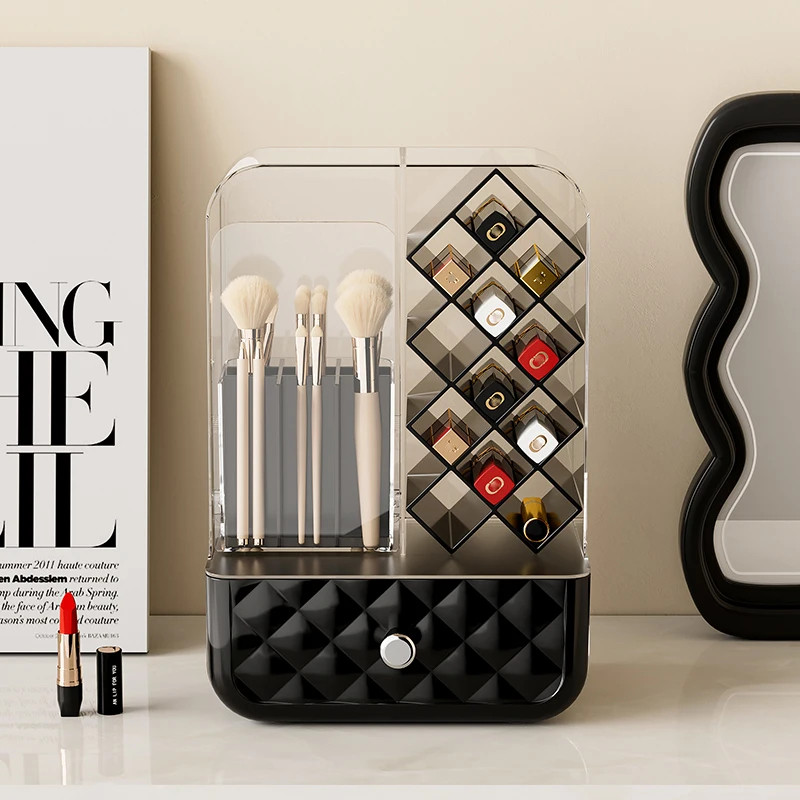 Large Capacity Makeup Organizer Box for Cosmetics Transparent Flip-Top Cosmetic Storage Box with Drawer for Brushes,Lipstick