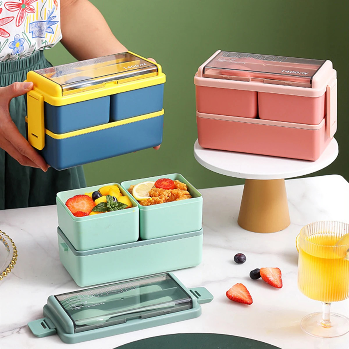 Portable Sealed Lunch Box 2 Layer Mesh Kids Leak Proof Bento Snack Box with Cutlery Microwave Safe Food Storage Containe