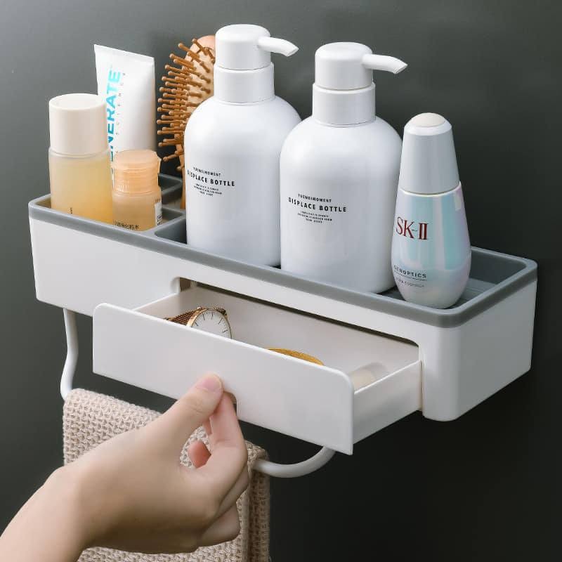 Bathroom Shelf Shower Caddy Organizer Wall Mounted Shampoo Rack With Drawer Towel Bar No Drilling Kitchen Storage Accessories